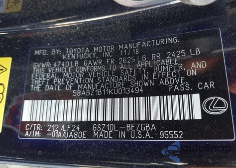 2019 Lexus Es 350 F Sport from USA, damaged, VIN 58ABZ1B11KU013494